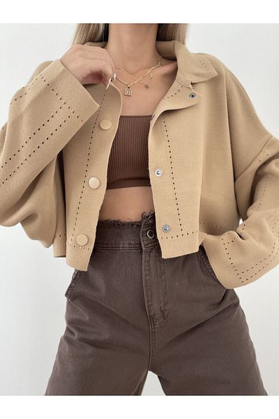 Erşan Giyim Oversize Crop Cardigan Beige