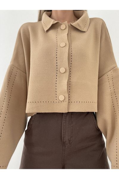 Erşan Giyim Oversize Crop Cardigan Beige