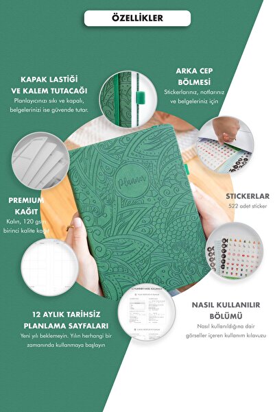 Fufizu Tarihsiz Ajanda - Haftalık Planlayıcı 12 Aylık Fz Planner Etnik Yeşil