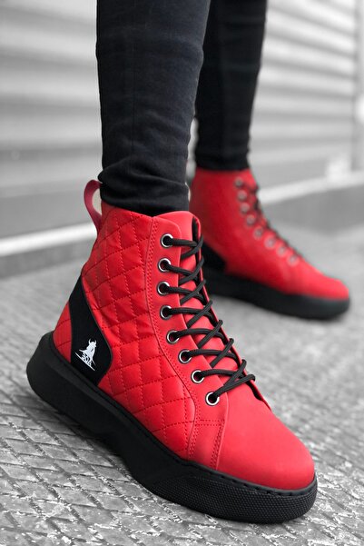 Mida Shoes Lace-up Red Quilted Black Sole Men's High Sole Sports Boots