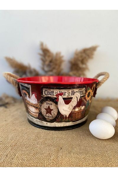 Handmadesign Country Themed Chicken Sunflower Patterned Multi-Purpose Basket with Handle - Large Size