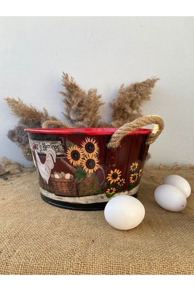 Handmadesign Country Themed Chicken Sunflower Patterned Multi-Purpose Basket with Handle - Large Size