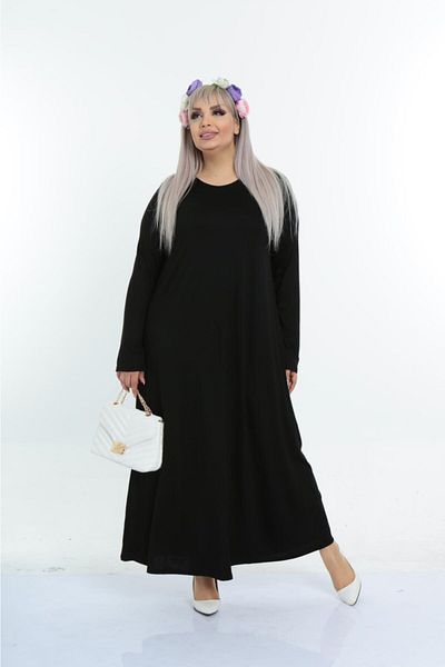 Mezura Black Plus Size Long Sleeve Viscose Combed Cotton Hijab Suitable Long Dress
