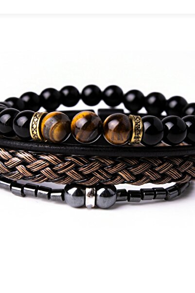 REGGENTE Hematit Kaplan Gözü Doğal Taş Deri Bileklik Seti