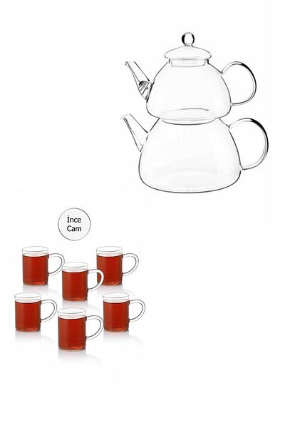 Senin Dükkanın Flat Model Borasilicate Glass Teapot and 6 Pieces Borasilicate Mug Set