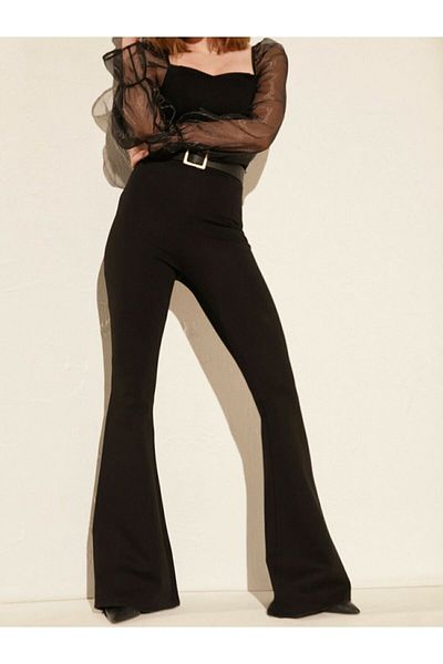 shopshop Women's Black High Waist Flared Leg Leggings Trousers 1007