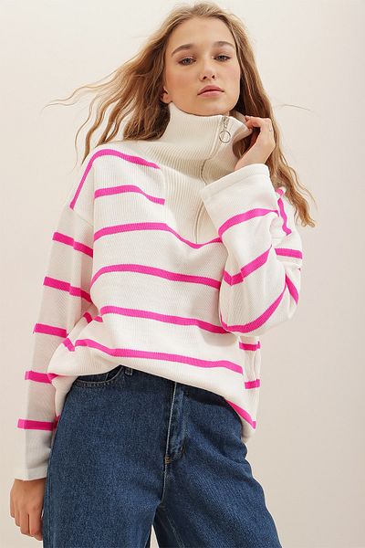 Trend Alaçatı Stili Pulover de damă, fucsia, cu gât țesut în față, cu fermoar în dungi, tricotaj supradimensionat ALC-X7197