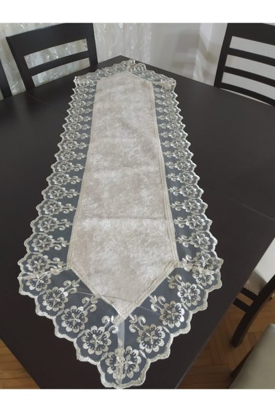 CEYDA Runner Lace Edge Velvet Fabric Beige Color 40x135cm