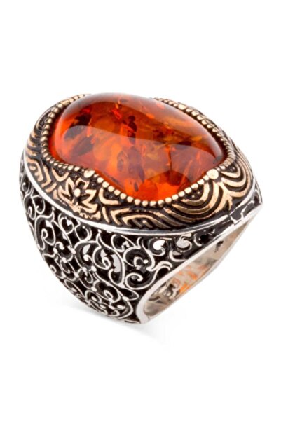 Candie Silver Büyük Kırmızı Kehribar (amber ) Taşlı 925 Ayar Gümüş Yüzük