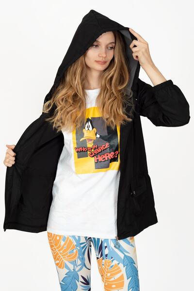 Primaro سترة مطر نسائية سوداء بغطاء للرأس