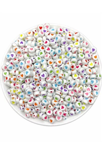 Hedef Bijuteri 25gr Yassı Beyaz Üzeri Renkli Kalp Boncuk,basık 4x7mm Kalp Tak...