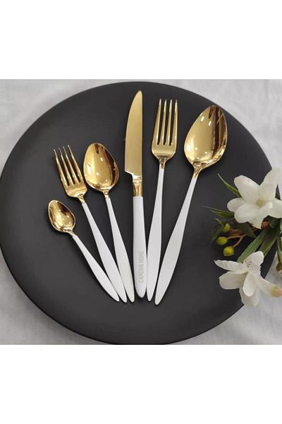 BRONDOFF 36 Piece Carmen White Gold Fork Spoon Knife Set