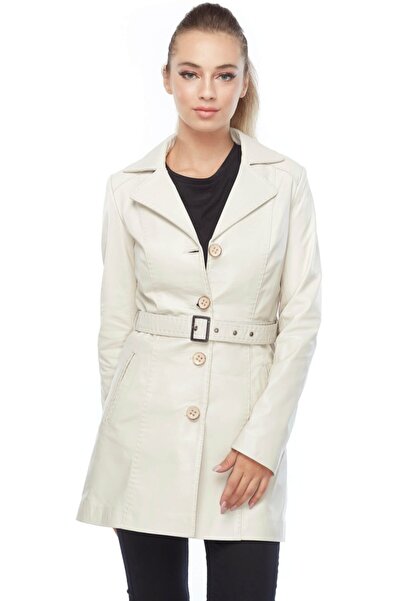 Deriza Unecca Hakiki Deri Kadın Kaban Bej