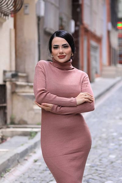 LİLA İSTANBUL Rochie de tricotaj cu mânecă lungă cu gât țesut (Mărimea standard S/m/l/xl asortată)