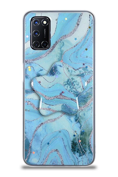 CaseWorld Oppo A72 Kapak Mermer Desenli Pop Socketli Silikon Kılıf - Mavi