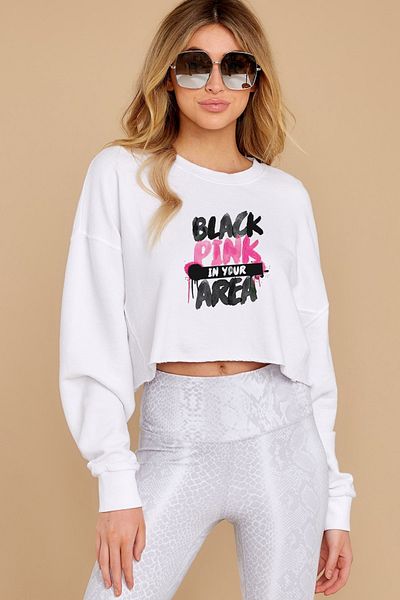 QIVI Women's Black Pink In Your Area Printed Crop Knitted White Sweatshirt Long Sleeve