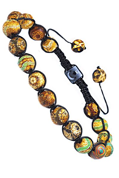 Tesbih Atölyesi Certified Brown Green Striped Tibetan Natural Agate Stone Bracelet