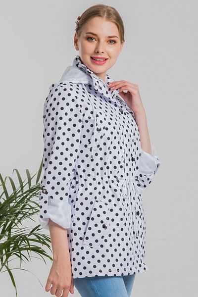 fehika Women's White Polka Dot Printed Waist Laced Hooded Lined Water Repellent Ultra Light Trench Coat