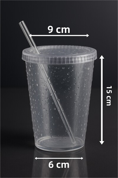 Orvila Transparent Glass Plastic Cup with Straw 500 ml – Water Droplet Pattern - Cold Drink Cup with Lid