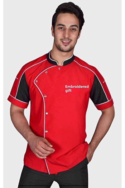 Üniformanya Jachetă roșie de bucătar cu nume cadou Jachetă de bucătar Uniform...