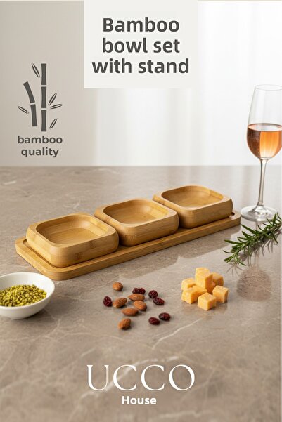 UCCO Bamboo 3-Piece Breakfast Set & Serving Tray & Snack Bowl |   Jam Bowl & Chocolate Bowl & Honey |   Kase Seti