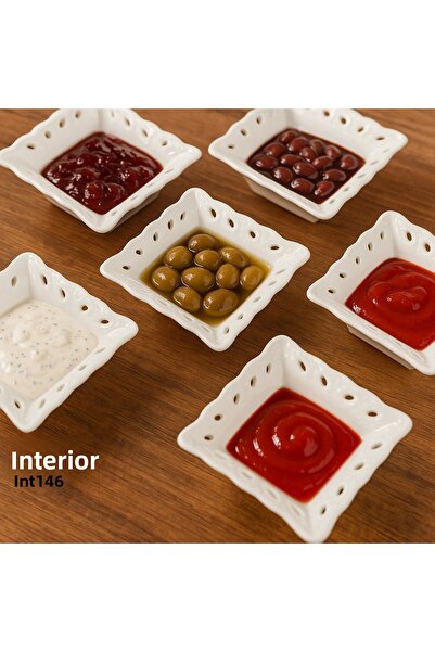 İnterlife 6-Piece Mini Porcelain Sauce Bowl and Jam Bowl Presentation Set 6X6 cm Square Porcelain Bowl