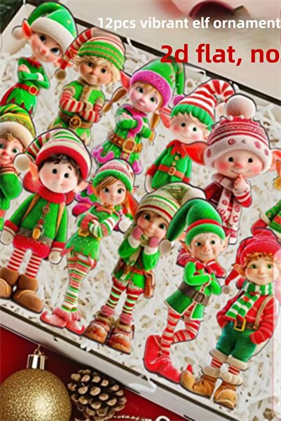 Trade Bazaar Set of 12 Wooden Elf Christmas Tree Ornaments | 2D Flat Printing Colorful Hanging Decorations / Home & Party Decor