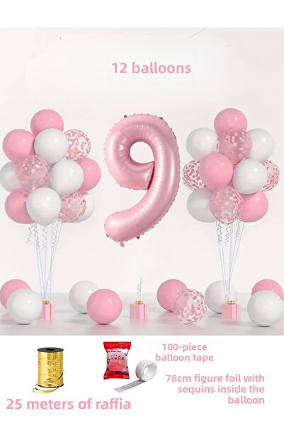 BALON DİYARI Set de baloane pentru ziua de naștere, roz, de 9 ani, 78 cm, inc...