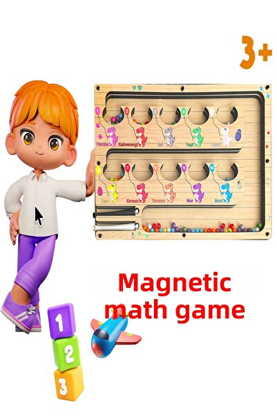 TİNEKE Magnetic Educational Colorful Counting and Matching Maze Training Toy Wooden Montessori Game Dinosaur
