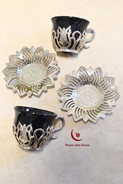 Bilenler Set of 2 Silver Patterned Zamzam Set and Coffee Cup Set | Stylish Presentation with Metal Plate and Cup Coaster