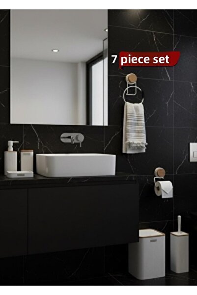 Okyanus Home Σετ μπάνιου 5 τεμαχίων τετράγωνο Mina, θήκη για πετσέτες και θήκη για χαρτί υγείας Λευκό-Ξύλινο