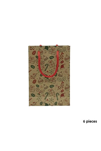 roco paper New Year Patterned Kraft Cardboard Bag Set - 6 Pieces, Red Handle Party, Christmas, Gift Bag, 12X17 cm