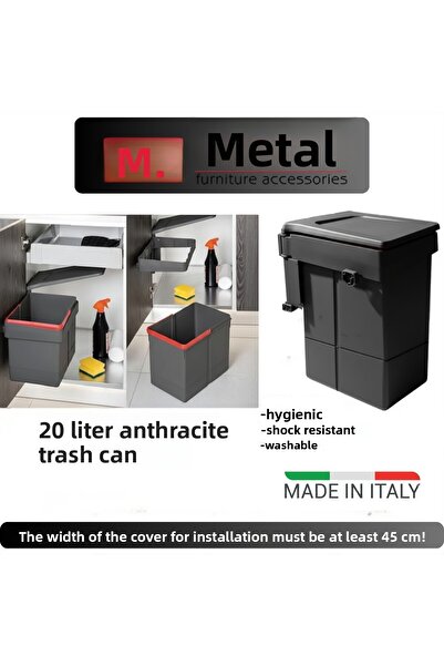 METALİ Garbage Bin Mounted on the Door Anthracite 20 Liters, Cabinet Door Minimum Size 45 Cm.