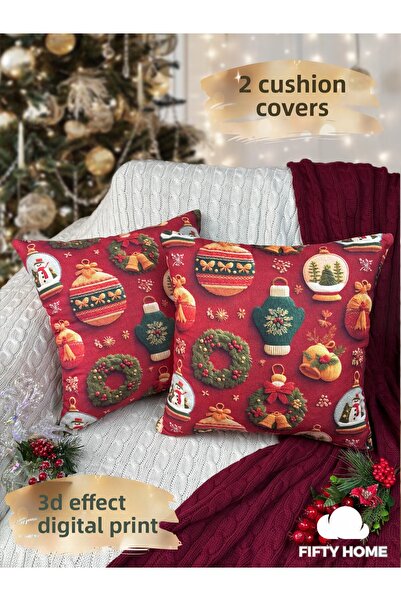 Fifty Home 2 Pieces Cushion Cover 43X43 cm Digital Printing New Year's Eve New Year Christmas Concept New Year Christmas