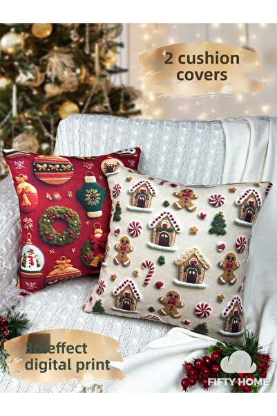 Fifty Home 2 Pieces Cushion Cover 43X43 cm Digital Printing New Year's Eve New Year Christmas Concept New Year Christmas