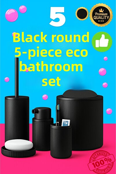 Teknoşık طقم حمام مكون من 5 قطع باللون الأسود غير اللامع - طقم فرشاة تواليت عصري أنيق مع موزع صابون وسلة مهملات