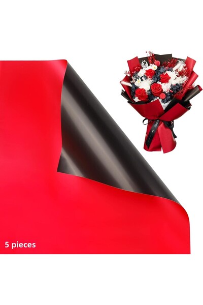 roco paper ورق تغليف الزهور 5 قطع، ورق تغليف باقة الهدايا ذو وجهين غير لامع وشفاف، أحمر وأسود، 58x58 سم