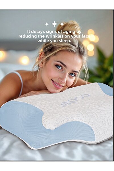 PUFYMAX Beauty Pillow, Visco Orthopedic Neck Support Cervical Pillow with Cooling Fabric (White-Blue)