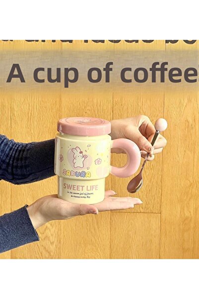 hediyeofisi Cute Bear Sakura 350 ml Premium Ceramic Mug – Durable, Stylish Design, Suitable for Hot and Cold Beverages