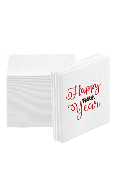 NapkinStore Fabric Textured Happy New Year Printed White Napkins Pack of 12