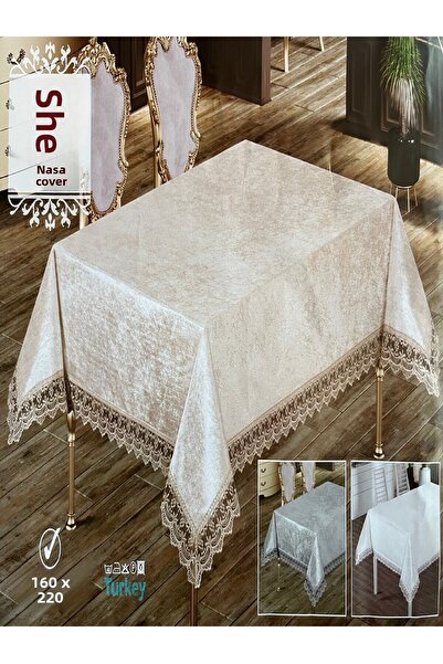 w white stars sports & wear Luxury Table Cloth - Stain Resistant - 160X220 cm Elita Velvet Brown-Brown with Lace