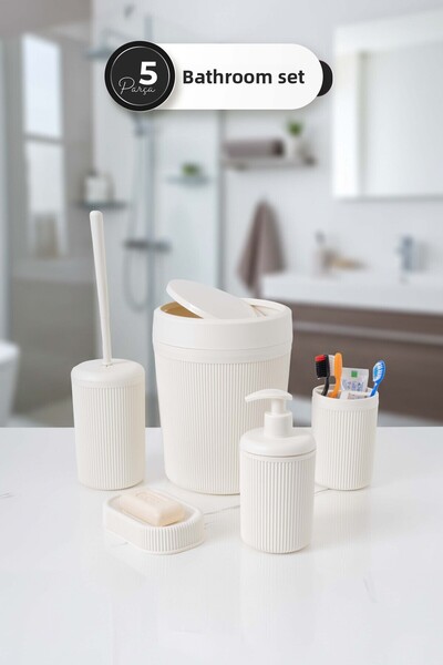 Homekolik طقم حمام بلاستيكي كريمي مكون من 5 قطع - سلة مهملات، فرشاة مرحاض، موزع صابون سائل، حامل فرشاة أسنان، حامل صابون