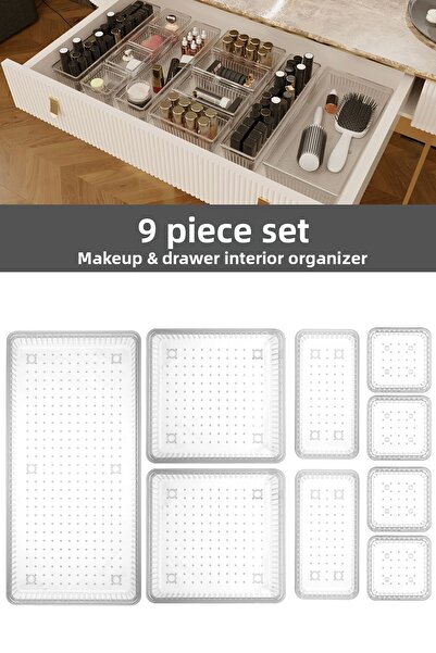 GenelTedarik منظم متعدد الأغراض مكون من 9 أدراج - منظم مستحضرات التجميل والمجوهرات والمكياج، منظم داخلي للخزانة، شفاف