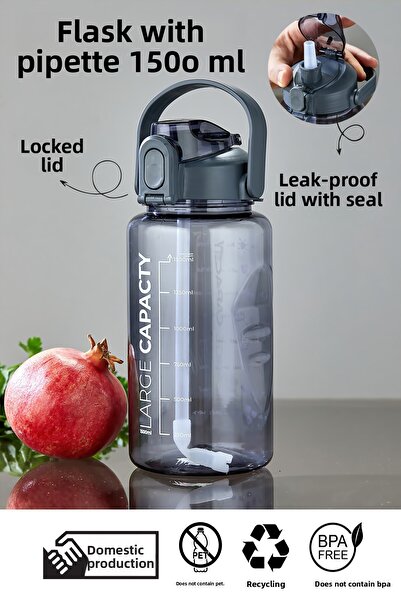 Espas Home زجاجة مياه رياضية (1.5 لتر) مع مصاصة، مانعة للتسرب، محمولة، غطاء ق...
