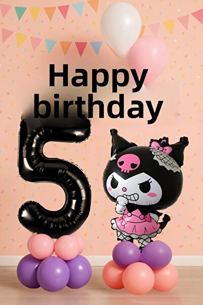 PARTİAVM Kuromi 5Th Birthday Balloon Set Sanrio Character Black Number Pink Purple Pastel Installation with Video