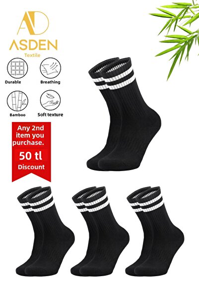 ASDEN Șosete de tenis unisex Bamboo College Premium, cu dungi albe, pachet de 3