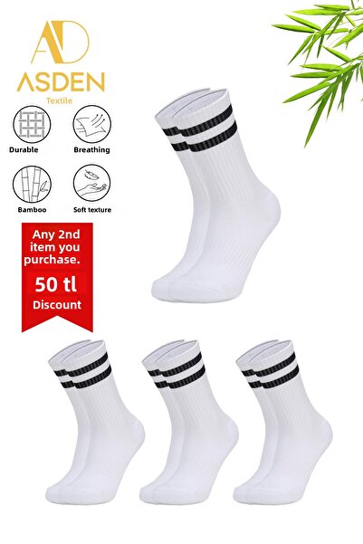 ASDEN Унисекс бамбукови колежански тенис чорапи Premium, черни на райета, 3 ч...