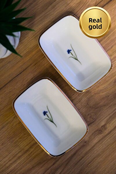 tabakevi Tabak Evi Porcelain Natura Iris Gold Gilded Rectangular Boat Plate 14X9,8Cm 2 Pcs