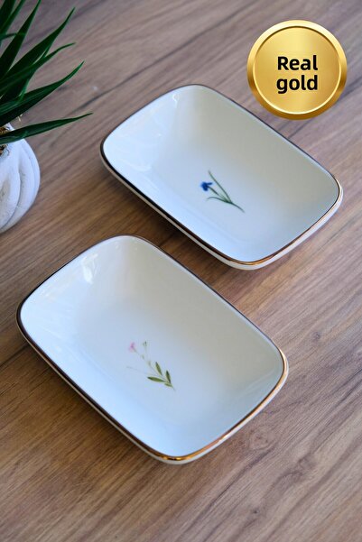 tabakevi Tabak Evi Porcelain Natura Mixed Gold Gilded Rectangular Boat Plate 14X9,8Cm 2 Pieces