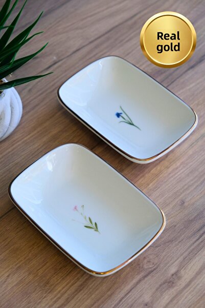 tabakevi Tabak Evi Porcelain Natura Mixed Gold Gilded Rectangular Boat Plate 14X9,8Cm 2 Pieces